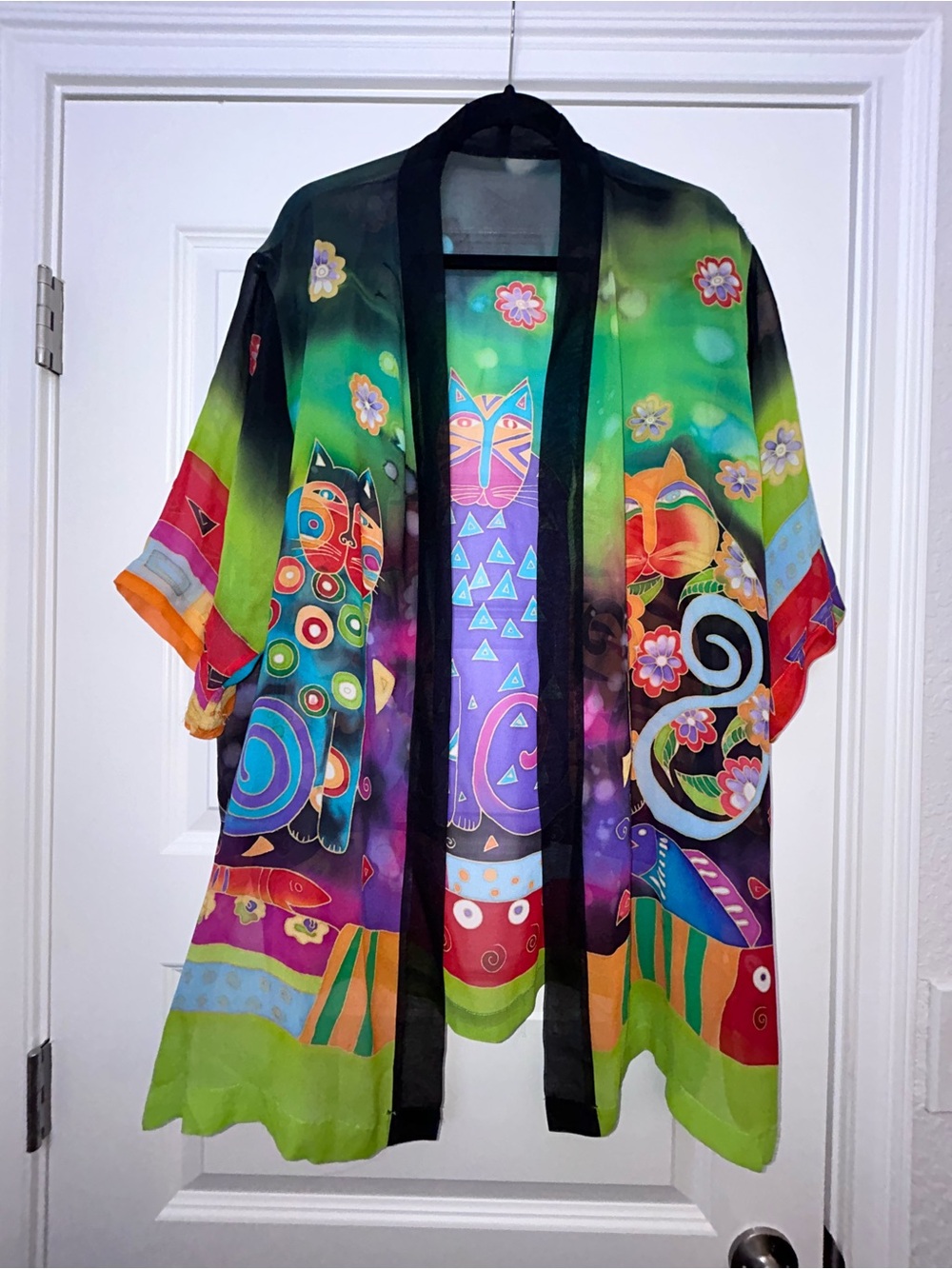 Cat Art Deco 100% Silk Open Front Sheer Kimono Statement Top - Picture 3 of 10